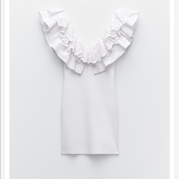 Zara White Ribbed Bodycon Ruffle Sleeve Mini Dress - NEW - S 3253806250 - Picture 4 of 8